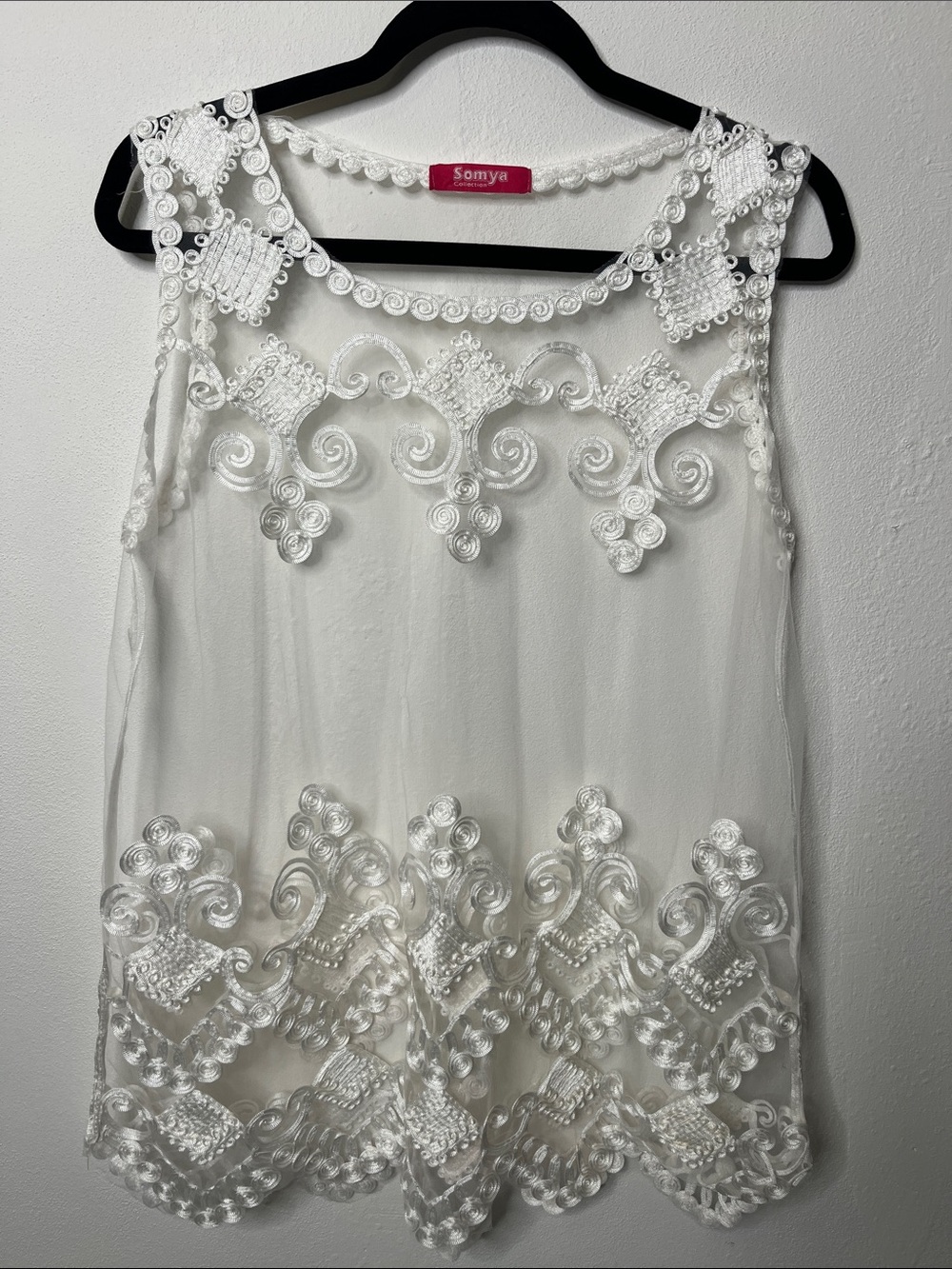 Somya White Embroidered Sheer Tank Top